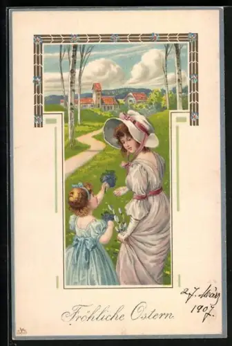 Künstler-AK Mutter und Kind in der Frühlingslandschaft, Fröhliche Ostern