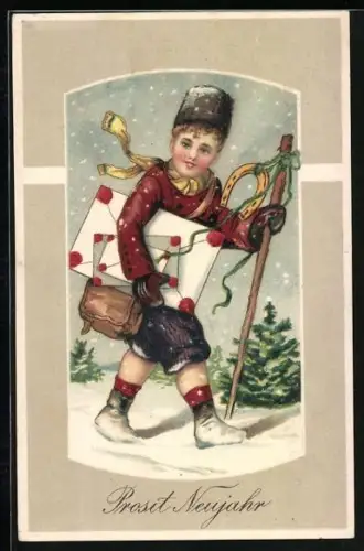 Präge-AK Junger Wanderer mit Hufeisen am Gehstock, Prosit Neujahr