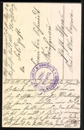 Präge-AK Junger Wanderer mit Hufeisen am Gehstock, Prosit Neujahr