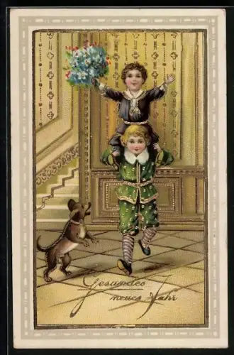 Künstler-AK Zwei Kinder mit Hund und Blumenstrauss, Gesundes neues Jahr