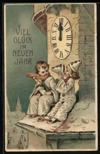 Künstler-AK Zwei Clowns sitzen zu Mitternacht auf dem Kirchturm und trinken