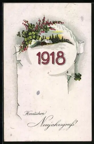 Künstler-AK Jahreszahl 1918 mit Klee vor einer Schneelandschaft