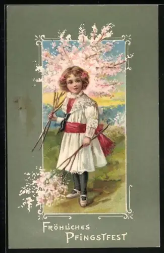 Künstler-AK Fröhliche Pfingsten, Mädchen mit blühenden Zweigen in den Händen