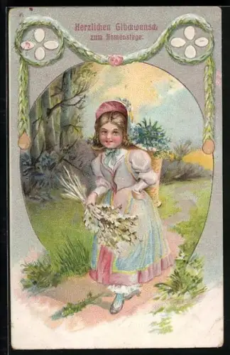 Künstler-AK Mädchen mit einem Korb voller Blumen auf dem Rücken und Weidenkätzchen, Namenstag