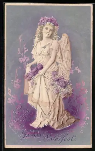 Präge-AK Osterengel mit Blumen um Haar, Frohes Osterfest