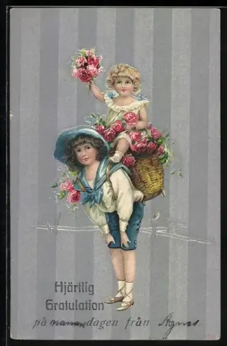 Künstler-AK Zwei Kinder mit rosanen Rosen gratulieren zum Namenstag