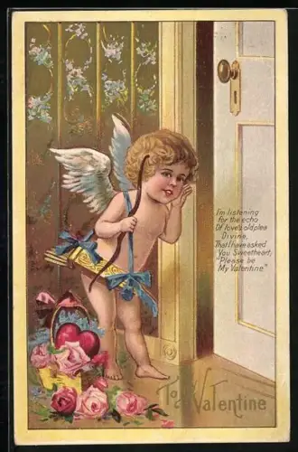 Künstler-AK To my Valentine, Valentinstag, Amor lauscht an der Tür