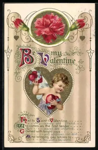 Künstler-AK Kleiner Engel mit zwei Herzen in den Händen, Be my Valentine