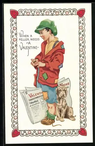 Künstler-AK Kind mit Hund und Zeitung, When a feller needs a Valentine
