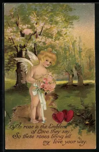 Künstler-AK Weiblicher Engel mit Blumenstrauss und Herzen