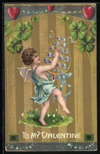 Künstler-AK Engel spielt ein Musikinstrument mit Blumen, Klee, Herzen, To my Valentine