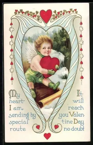 Künstler-AK My Heart I am sending..., Engel mit Herz auf einem Schlitten