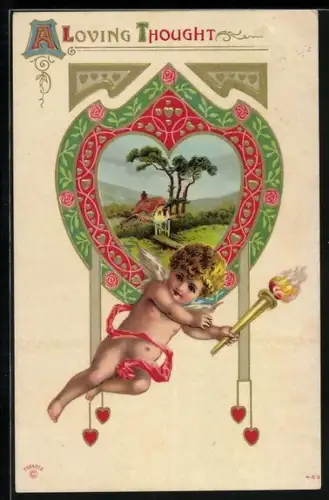 Künstler-AK Engel mit brennender Fackel vor einem Herz, A loving thought