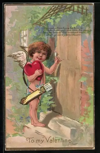 Künstler-AK To my Valentine, Amor klopft mit Herz im Arm an Tür