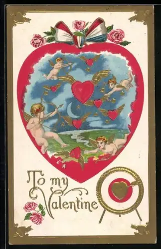 Präge-AK Amor fliegen durch den Himmel und zielen auf fliegende Herzen, To my Valentine