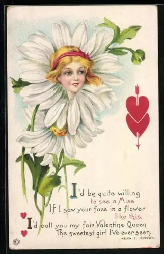 Künstler-AK Damenkopf in einer Blume, I`d be quite willing to see a Miss If I saw your face in a flower like this