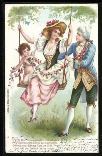 Lithographie Mädchen mit kleinem Amor auf der Schaukel