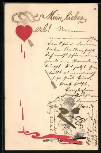 Lithographie Amor schiesst Pfeile auf ein Herz