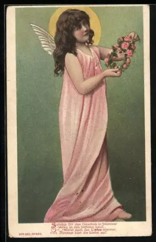 Künstler-AK Engel mit Rosenkranz, Schlägt Dir das Geschick in Trümmer...