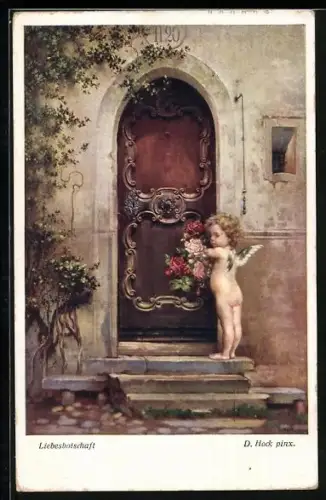 Künstler-AK Liebesbotschaft, Amor an Tür mit Rosen