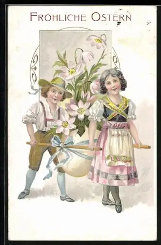 Künstler-AK Fröhliche Ostern, Paar in Tracht mit Blumen