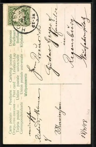 Künstler-AK Fröhliche Ostern, Paar in Tracht mit Blumen