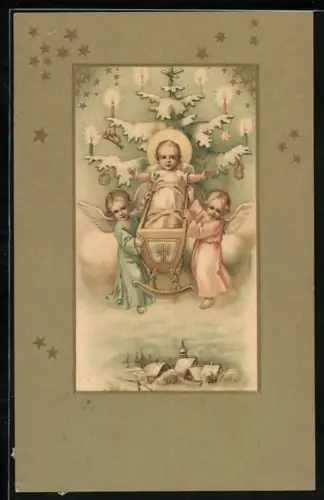 Künstler-AK Zwei kleine Weihnachtsengel mit dem Jesuskind vor einem Weihnachtsbaum