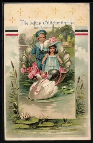 Präge-AK Kleines Paar in Boot mit Schwan, Glückwünsche zum Namenstag