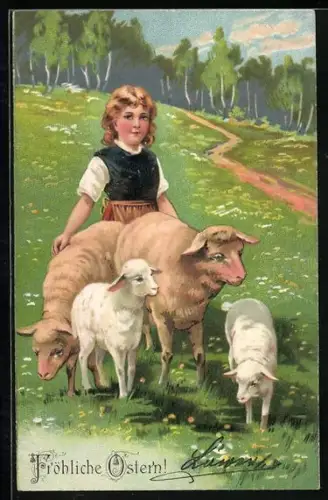 Künstler-AK Mädchen mit Schafen auf der Weide, Ostern