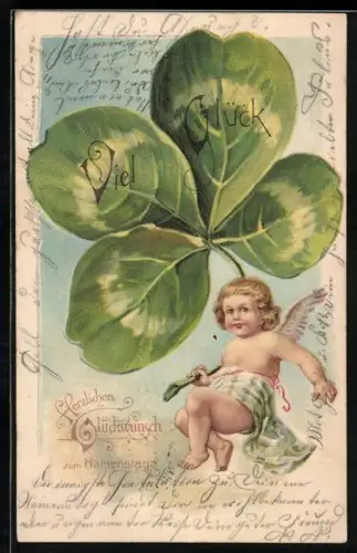 Lithographie Engel mit riesigem Kleeblatt, Namenstag