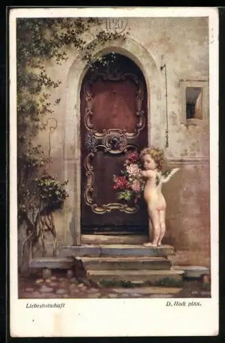 Künstler-AK Liebesbotschaft, Amor an Tür mit Rosen