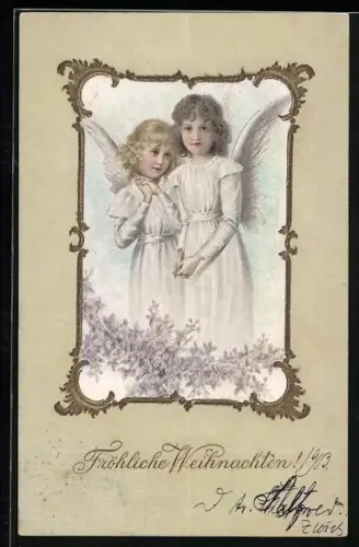 Lithographie Zwei Weihnachtsengel in weissen Gewändern