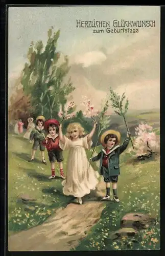 Künstler-AK Kinder mit Zweigen auf einem Feldweg, Herzlichen Glückwunsch zum Geburtstag