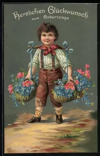 Künstler-AK Kleiner Junge mit Körben voller Blumen, Herzlichen Glückwunsch zum Geburtstage
