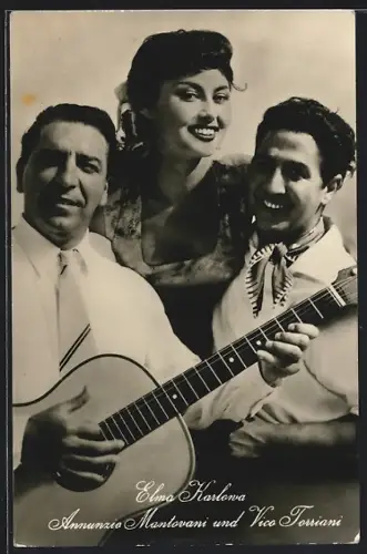 AK Schauspieler Annunzio Mantovani, Elma Karlowa, Vico Torriani, Gitarre