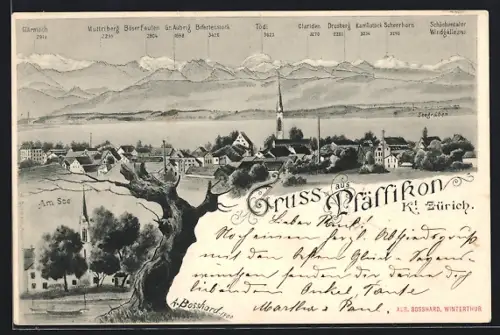 Lithographie Pfäffikon /Kt. Zürich, Kirche am See, Teilansicht mit Seegräben, Tödi, Clariden und Drusberg