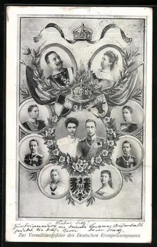 AK Zur Vermählungsfeier des Kronprinzenpaares, Einzelportraits Eltern und Geschwister, Krone, Wappen