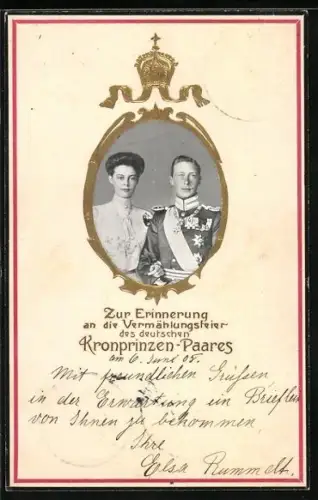 AK Kronprinz Wilhelm von Preussen, Erinnerung zur Vermählungsfeier des Kronprinzen-Paares