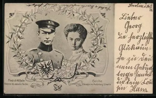 AK Porträts des Kronprinzenpaares mit Wappen