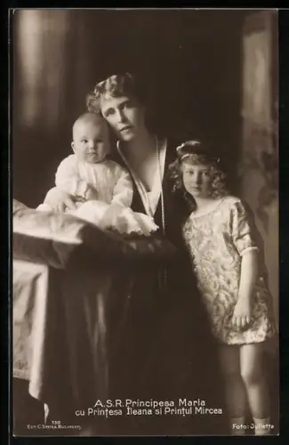 AK Principesa Maria cu Printesa Ileana si Printul Mircea, Prinzessin Maria von Rumänien mit ihren Kindern