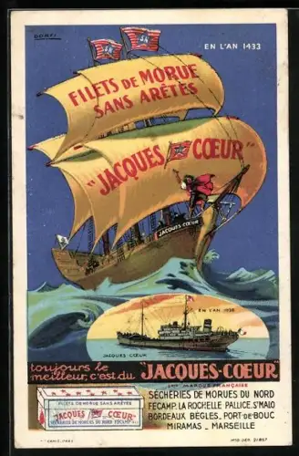 AK Handelsschiff mit Reklame für Fischkonserven von Jacques Coeur auf den Segeln