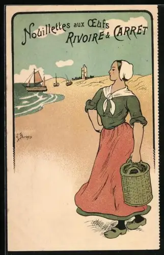Lithographie Nouillettes aux Oeufs Rivoire & Carret, Reklame, Dame mit leerem Korb am Ufer