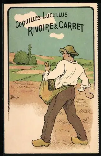 Lithographie Coquilles Lucullus Rivoire & Carret, Reklame, Bauer bei der Aussaht