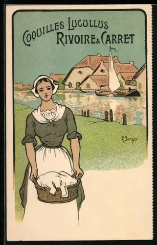 Lithographie Coquilles Lucullus Rivoire & Carret, Reklame, Waschfrau mit einem Korb voller Kleidung