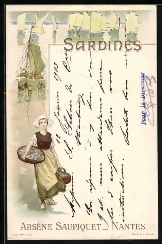 Lithographie Sardines d`Arsène Saupiquet, Dame mit Körben voller Fisch