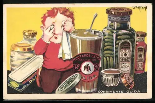 Künstler-AK Condiments Olida, Reklame, Kind zwischen verschiedenen Konserven