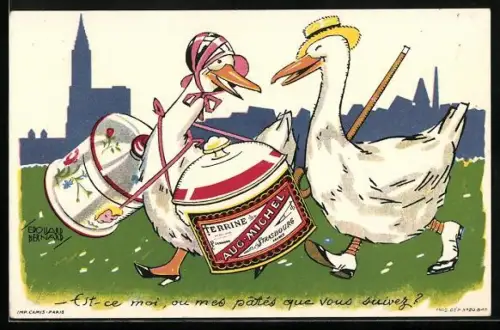 Künstler-AK Terrine Aug Michel, Reklame, Zwei Gänse laufen über eine Wiese