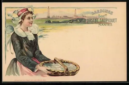 Künstler-AK Sardines Socte Arsène Saupiquet de Nantes, Dame mit Korb voller Fisch