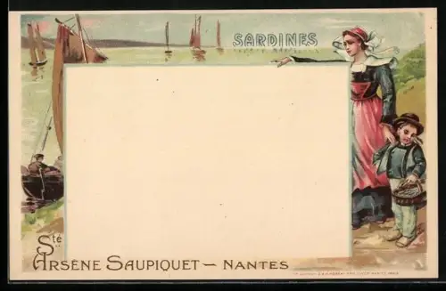 Künstler-AK Sardines, Ste Arsène Saupiquet, Dame mit ihrem Sohn am Wasser
