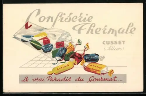 Künstler-AK Confiserie Thermale, Reklame Süssigkeiten